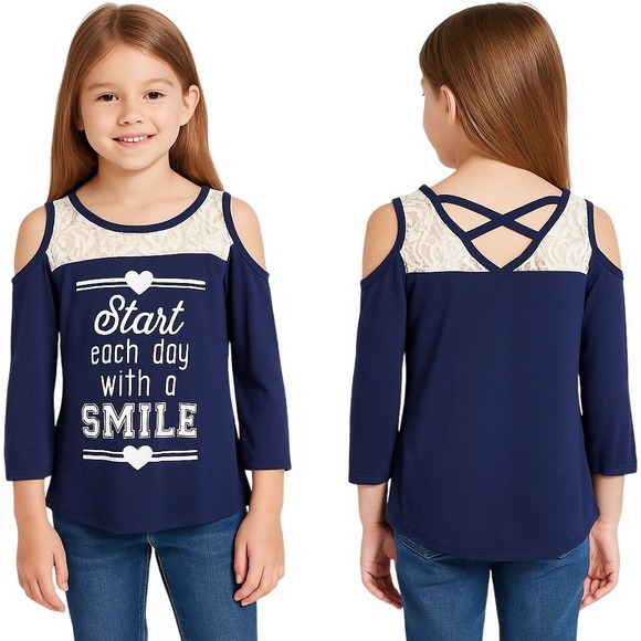 Lily Bleu Cold Shoulder Top Girls Size M 10/12 Heart Smile Navy Blue White Lace - Picture 1 of 6
